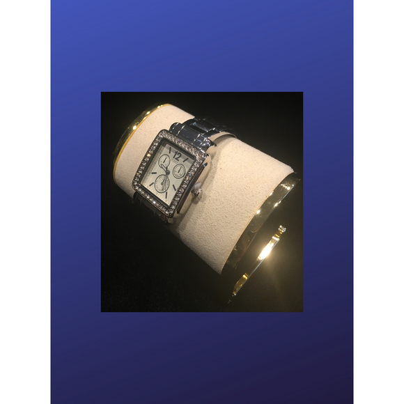 Studio Silvertone “Presidential” Link/Crystal Spring-Hinged CUFF Watch, NWOT - Picture 2 of 5